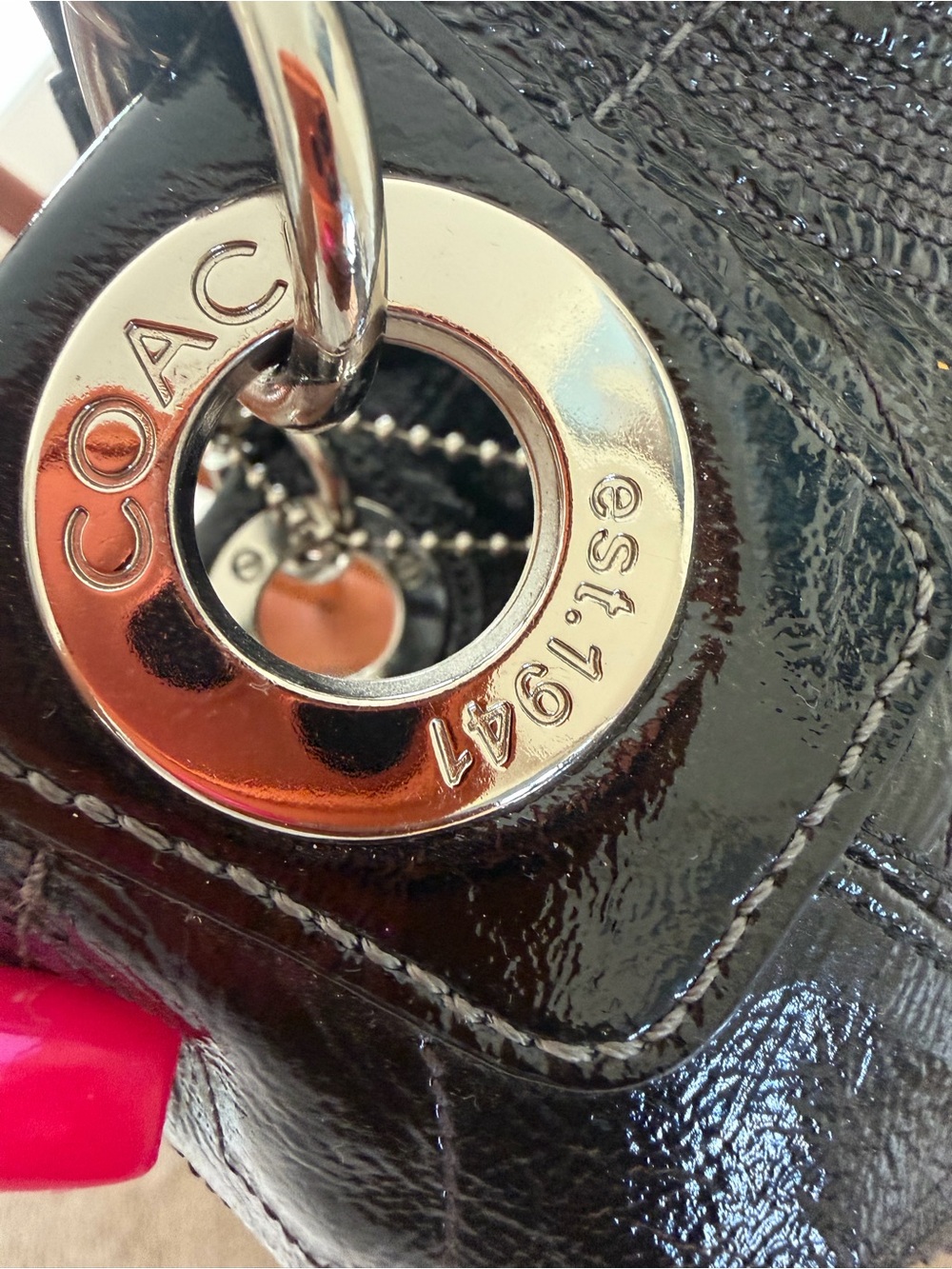Coach Black Patent Leather Logo Tote with Front Pocket and Silver Hardware - Picture 8 of 10